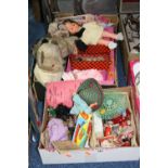 A COLLECTION OF BELLS, SOFT TOYS, AND COLLECTORS DOLLS, etc, diecast vehicles, dolls furniture,