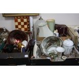 THREE BOXES OF CERAMICS, GLASSWARE AND SUNDRIES, etc, including lamps, Johnson Brothers ''Tally Ho''