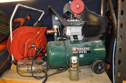 A PARKSIDE PKO 270 B2 AIR COMPRESSOR, a pneumatic hose reel and three airline oilers (5)