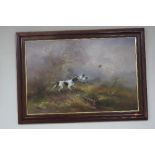 KINGMAN, three short haired pointers flushing game in a woodland clearing, signed lower right, oil