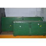 TWO PAINTED METAL BANDED TOOL BOXES, and two hay forks (4)