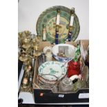 A BOX OF CERAMICS, GLASSWARE AND METALWARE, brass dolphin candelabra, a pair of candlestick table