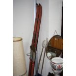 A PAIR OF VINTAGE SKI'S AND POLES, with mounted plaque 'Panzer Ski's Hickory'