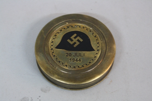 A BRASS ROUND WWII ERA GERMAN COMPASS, with screw top lid, bearing a scrolled circular design, a - Image 2 of 2