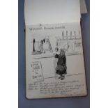 AN EDWARDIAN LEATHER BOUND ALBUM OF COMICAL PEN AND INK SKETCHES AFTER PHIL MAY, probably by