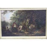 FOLLOWER OF GEORGE MORLAND (1763-1804), Travellers resting in a woodland glade, oil on canvas, bears