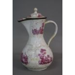 A BATTERSEA ENAMEL BALUSTER SHAPED WATER JUG, circa 1755, double hinged cover knop finial, scroll