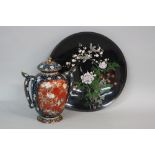 A JAPANESE CLOISONNE TWIN HANDLED VASE AND COVER, with ginbari red ground panel to one side, the