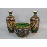 A PAIR OF LATE 19TH CENTURY JAPANESE BALUSTER CLOISONNE VASES, square outline, copper mounts,