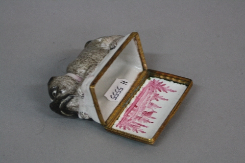 A 19TH CENTURY CONTINENTAL ENAMEL AND PORCELAIN SNUFF BOX, of recumbant Pug form, with pink collar - Image 3 of 3