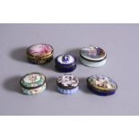 FIVE LATE 18TH CENTURY OVAL BILSTON TYPE ENAMEL BOXES, patch and pill, cover decoration include a