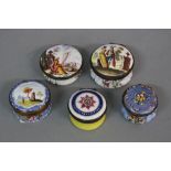 FIVE LATE 18TH CENTURY CIRCULAR SOUTH STAFFORDSHIRE ENAMEL BOXES, three with figural landscapes to