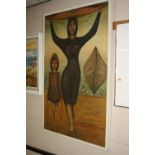 OTTO (20TH CENTURY CONTINENTAL), Modernistic study of Mother and Child carrying fish on a beach,