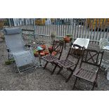 A QUANTITY OF TERRACOTTA GARDEN PLANTERS, three wooden folding chairs, a metal folding chair, two