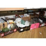 EIGHT BOXES AND LOOSE ITEMS OF GLASSWARE, CERAMICS, METALWARES, L.P'S, TREEN, etc, (eight boxes