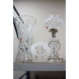 A CUT GLASS VASE OF FLARED FORM, height approximately 35cm, together with a glass table lamp and