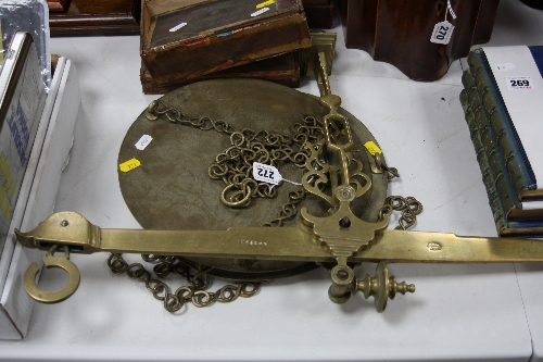 A SET OF 19TH CENTURY BRASS '5 KILOS' HANGING SCALES, marked 'J. Noriega, Latoneros, Madrid'