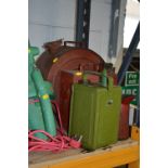 THREE VINTAGE METAL FUEL CANS, and one oil can (4)