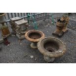 TWO CAST IRON CAMPANA STYLE GARDEN URNS, (diameter 61cm and 55cm diameter and two incomplete