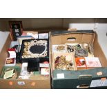 TWO BOXES OF MIXED COSTUME JEWELLERY, etc