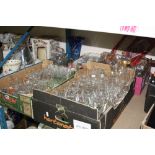 THREE BOXES OF GLASSWARE AND LOOSE, including drinking glasses, bowls, vases, etc (three boxes and
