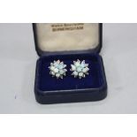 A MID-LATE 20TH CENTURY OPAL AND DIAMOND ROUND CLUSTER STUD EARRINGS, opals measuring