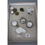 A TRAY OF MIXED SILVER POCKET WATCHES, spares, etc