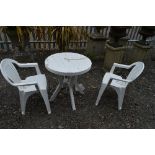 A WHITE UPVC GARDEN TABLE, and two chairs (3)