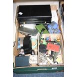 TWO BOXES OF MISCELLANEOUS, to include coins, pen knives, costume, empty Iphone boxes, collectables,