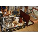 FOUR BOXES OF METALWARE, HOUSEHOLD SUNDRIES, CASED AND LOOSE CUTLERY, FRAMED PRINTS, etc