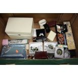 A BOX OF MIXED COSTUME JEWELLERY, etc