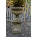 A LARGE COMPANA STYLE PRECAST URN, on square column, approximate total height 135cm x diameter 70cm