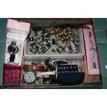 A BOX OF MIXED COSTUME JEWELLERY, etc