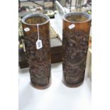 A PAIR OF CHINESE BAMBOO BRUSH POTS, height approximately 34cm (2)