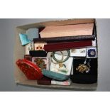 A BOX OF MISCELLANEOUS COSTUME JEWELLERY, etc