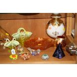 A GROUP OF GLASSWARES, to include vaseline glass baskets, Caithness 'Prism' paperweight etc (11)