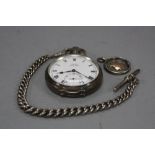 A SILVER POCKET WATCH, on a silver T bar