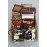 A LARGE COLLECTION OF MIXED WATCHES, coral necklace and cigarette case, etc