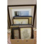 PAINTINGS AND PRINTS, ETC, a box to include a 19th Century needlework sampler in a rosewood