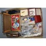 A BOX OF MISCELLANEOUS, Uttoxeter Racecourse badges, two silver Uttoxeter Councillor badges, etc