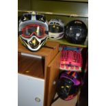 FIVE MOTORCYCLE HELMETS, body armour and gloves