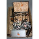 A BOX OF MISCELLANEOUS, to include costume jewellery, watches, part silver spoon set, silver