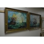 A MARIE VI (20TH CENTURY) MARITIME SCENES, galleons at sea, oil on canvas, a pair signed, 49cm x