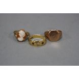 THREE 9CT RINGS, signet ring size Q, cameo ring size O and boat ring size P, approximate total