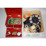 A QUANTITY OF COSTUME JEWELLERY, in a Morocco jewellery box and vintage bags and purses, etc
