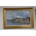 JOHN NEALE (20TH CENTURY BRITISH), Harbour scene with boats at low tide, oil on board, signed