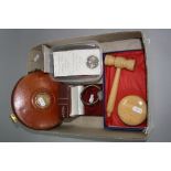 A BOX OF MISCELLANEOUS, to include Rotary watch, gavel and block, commemorative coins and tape