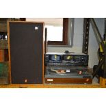 A VINTAGE PIONEER TURNTABLE, teak double tape player and a pair of Wharfdale Glendale 3XP hi-fi