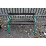 A PAINTED WROUGHT IRON GARDEN BENCH, with scroll detail and wooden slats, approximate length 120cm