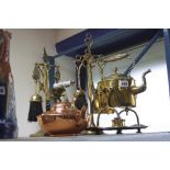 A BRASS SPIRIT KETTLE ON STAND, two fireside companion sets and a copper kettle